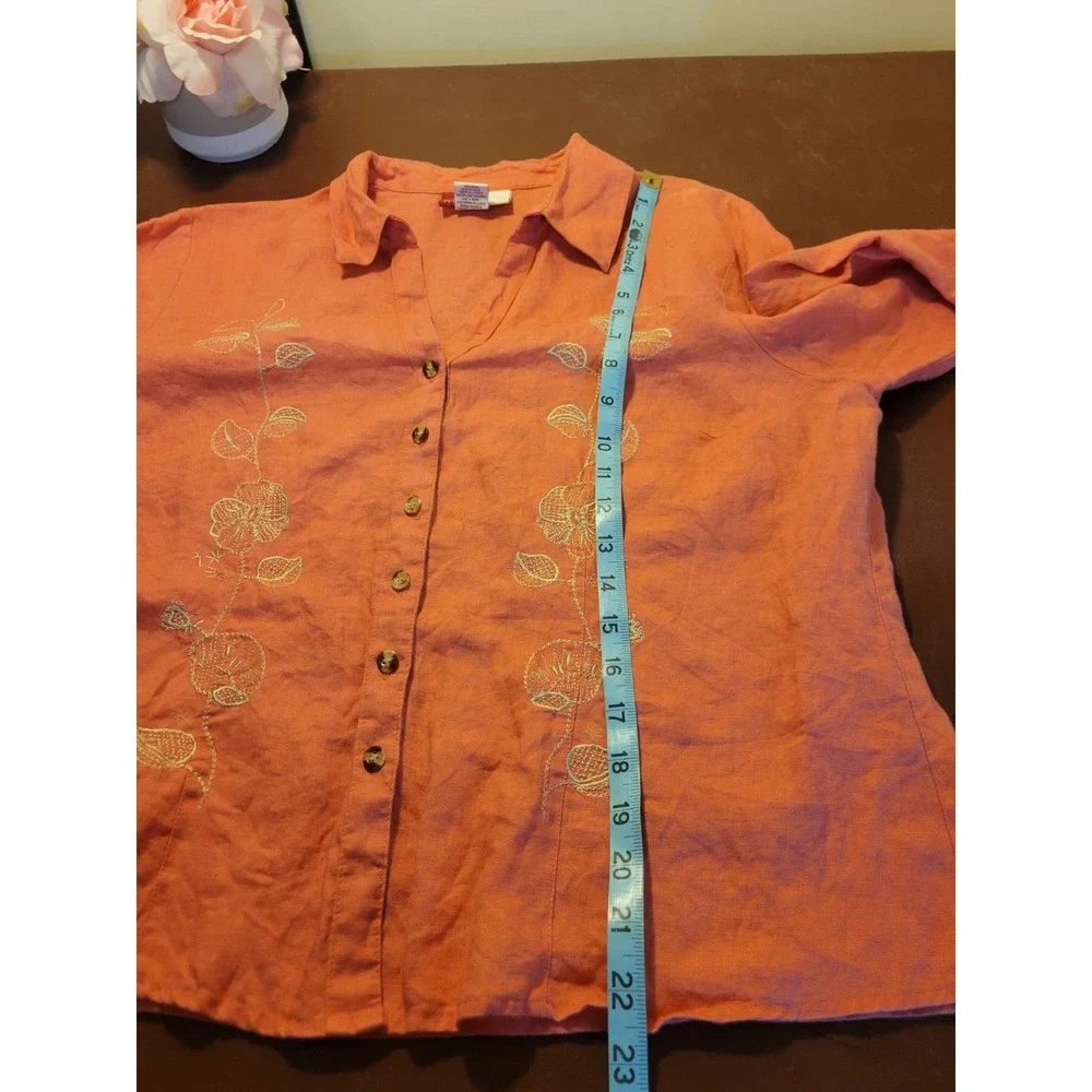 JM Collection Peach Embroidered 100% linen 3/4 Sleeve‎ Top Women's Size 14P